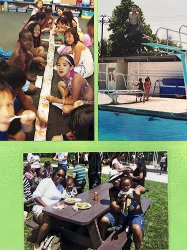 三张不同活动的剪贴簿图片:游泳池，室内美食活动，户外野餐